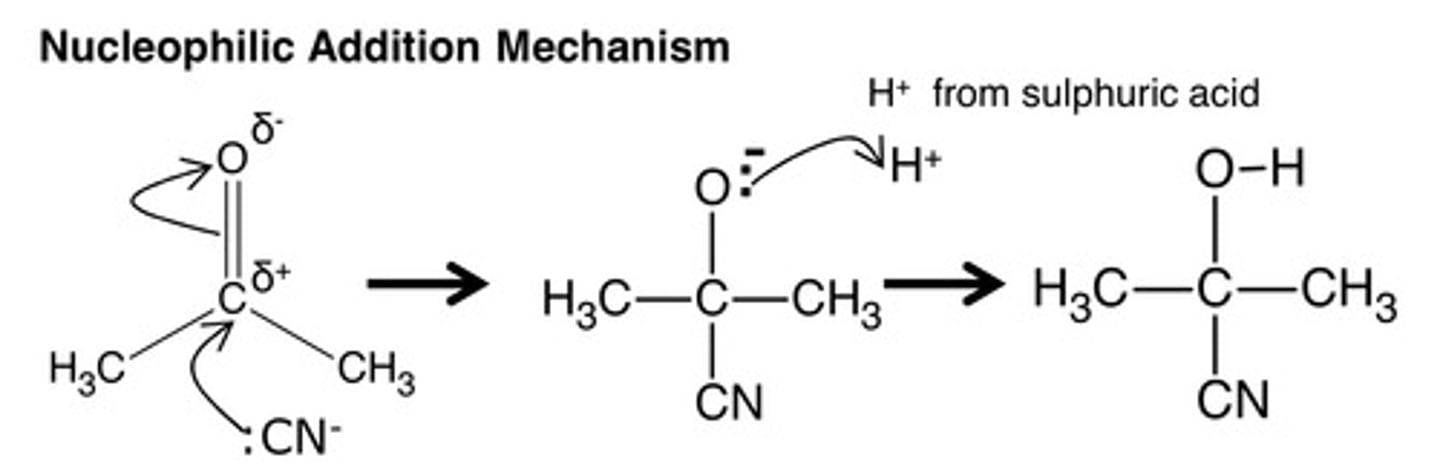 <p>[Nucleophilic addition]</p><p>KCN(aq) or HCN(aq), H₂SO₄, 20°C</p><p>Product = 2-methylpropanenitrile (from a ketone)</p>
