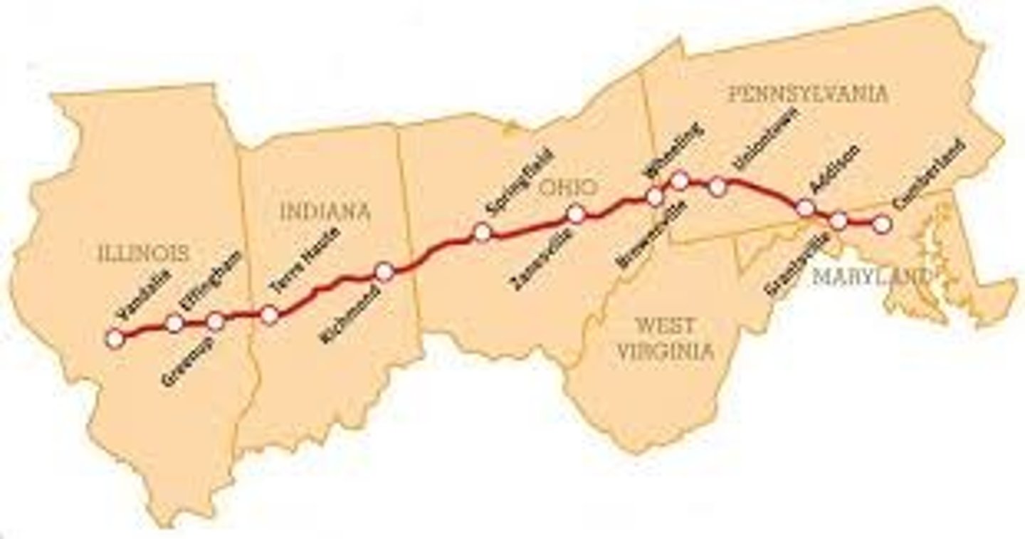 <p>The first highway built by the federal government. Constructed during 1825-1850, it stretched from Pennsylvania to Illinois. It was a major overland shipping route and an important connection between the North and the West.</p>