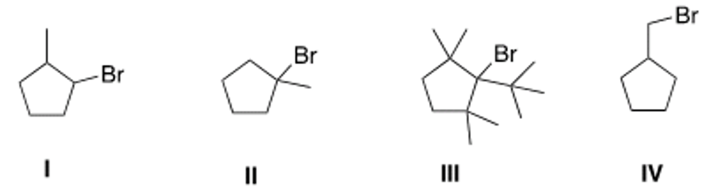 <p>Which of the following is the most reactive substrate in an E1 reaction?</p><p>A) I B) II C) III D) IV</p>