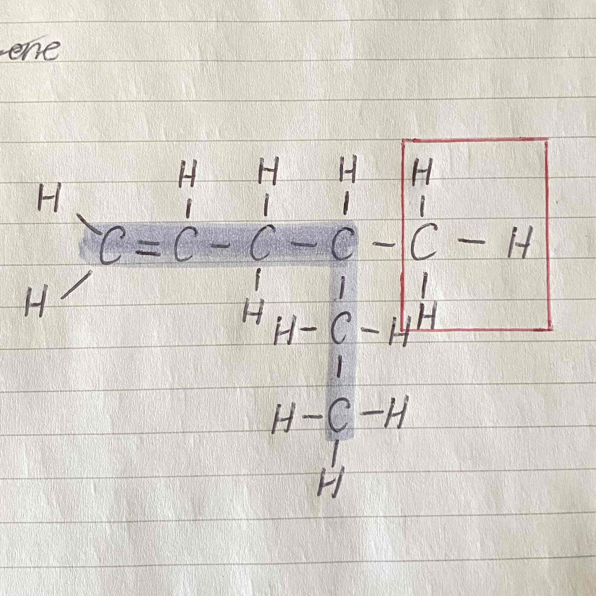<p>4-methylhex-1-ene</p><ul><li><p>The longest chain is hexene, where the double bond is attached to the first carbon so it would be <strong>hex-1-ene </strong></p></li><li><p>The side chain is methyl, which is attached to the <strong>fourth </strong>carbon, so <strong>4-methyl</strong> becomes the prefix </p></li></ul>