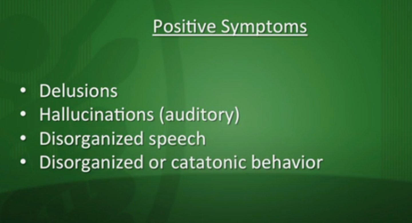<p>the presence of psychotic behaviors on the schizophrenic spectrum such as hallucinations, delusions, inappropriate affect, and disorganized thinking/speech/behavior</p>