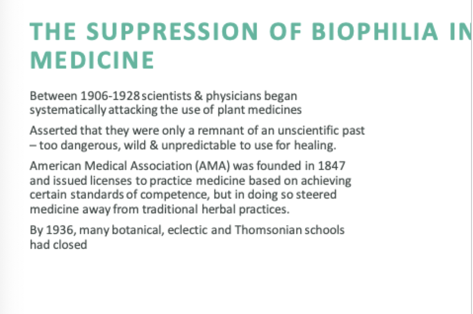 <p>An innate feeling (or emotional affiliation) for all living forms &amp; systems activated through our relationship and experiences with nature, reflecting our long association with it. Biophilia refers to the inherent human tendency to seek connections with nature and other forms of life, promoting emotional well-being and a sense of belonging. It accepts that other species are our kin &amp; that we are, (by species and history), encoded for recognition of the aliveness of the wolrd &amp; an emotional bonding with it. Biophilia was supressed for a bit between 1906-1928.</p>