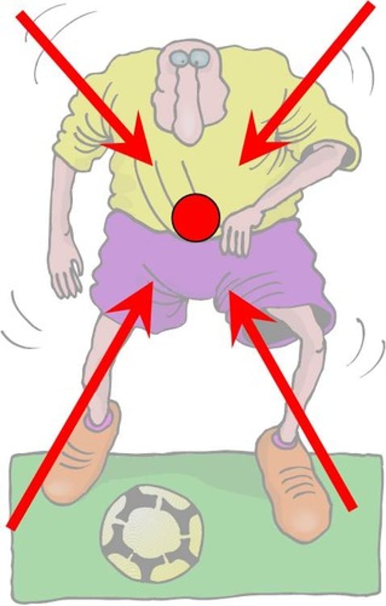 <p>An imaginary point in space that is at the center of the total body mass; unique point where body forces sums to zero (all particles of body are equally distributed)</p>