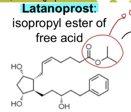 <p><strong>Latanoprost</strong> » an isopropyl ester of free acid</p><ul><li><p>The addition of the <mark data-color="yellow" style="background-color: yellow; color: inherit;">isopropyl group</mark> makes it much better at getting into the eye as the <mark data-color="purple" style="background-color: purple; color: inherit;">polar COOH is masked</mark></p></li><li><p>This makes it more <mark data-color="yellow" style="background-color: yellow; color: inherit;">lipophilic</mark> = able to enter corneal epithelium</p></li></ul><p></p>