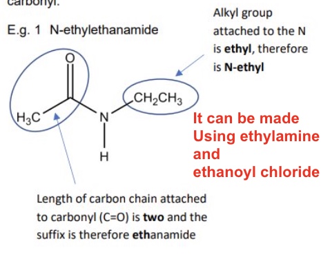 <ul><li><p>using an N-alkyl prefix to indicate the alkyl group attached to the N only </p></li><li><p>and the suffix -anamide to indicate the length of carbon chain attached to the carbonyl </p></li></ul><p>example in image </p>