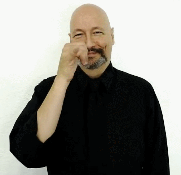<p>Make “Y” handshape with left hand and place thumb near nose; wiggle this handshape near your nose</p>
