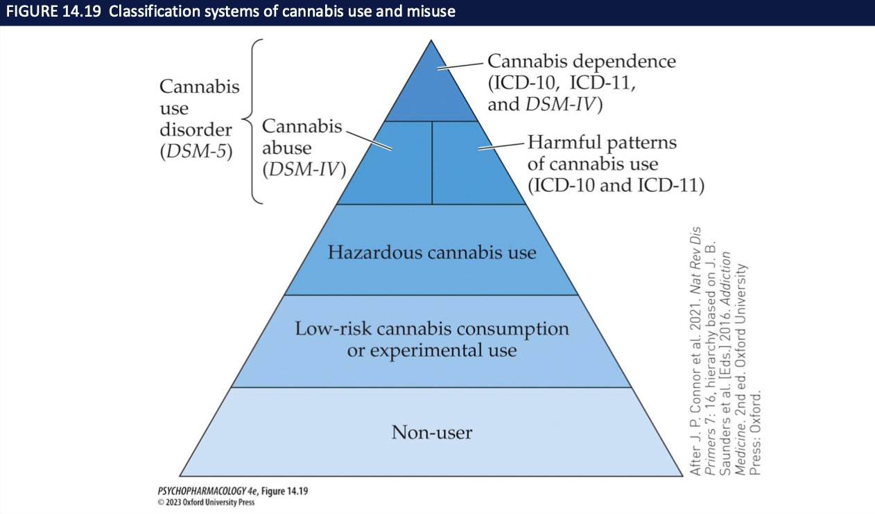<ul><li><p>Pyramid: <strong>largest layer = low-risk/occasional; smaller layers = hazardous → CUD → dependence</strong></p></li><li><p>Shows <strong>progression is possible but not inevitable</strong></p></li><li><p>Odds-ratio graph: people with <strong>CUD have higher odds of other psychiatric conditions</strong> (esp. mood/anxiety)</p></li><li><p>Takeaway: <strong>severity ↑ → comorbidity ↑</strong></p></li></ul><img src="https://knowt-user-attachments.s3.amazonaws.com/f45606d2-649d-4814-85db-a2d6fe93573d.png" data-width="100%" data-align="center"><p></p>