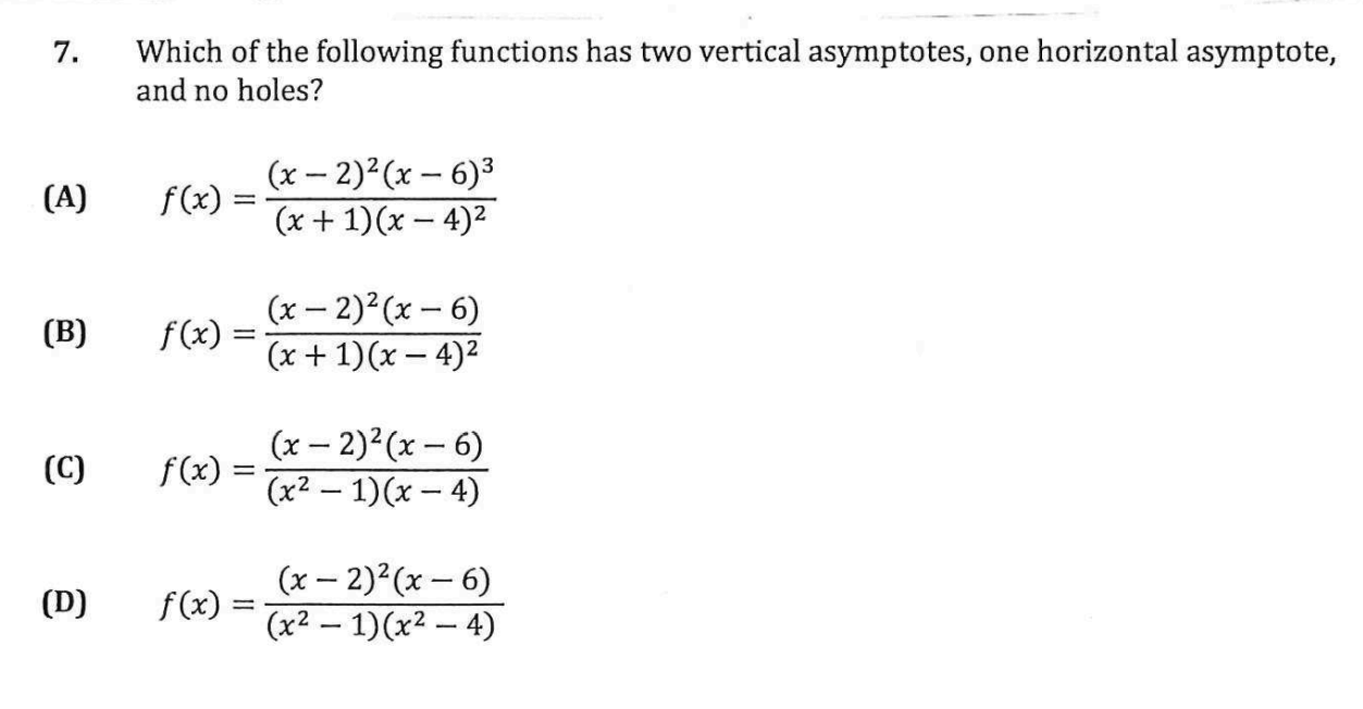 <p>Which function has two vertical asymptotes, one horizontal asymptote, and no holes?</p>