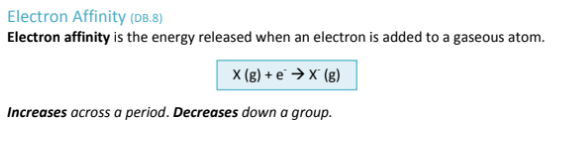 <p>Electron Affinity is the attraction between an incoming electron and the nucleus, the stronger the attraction, the more energy is released when an electron is added<br><br>Electron Affinity Increases across a period (with the halogens actually have the highest electron affinity or attraction to electrons, because its so small, so its nucleus has a strong attraction to incoming electrons)<br><br>It decreases down a group as elements get larger and the electrostatic charge is lesser</p>