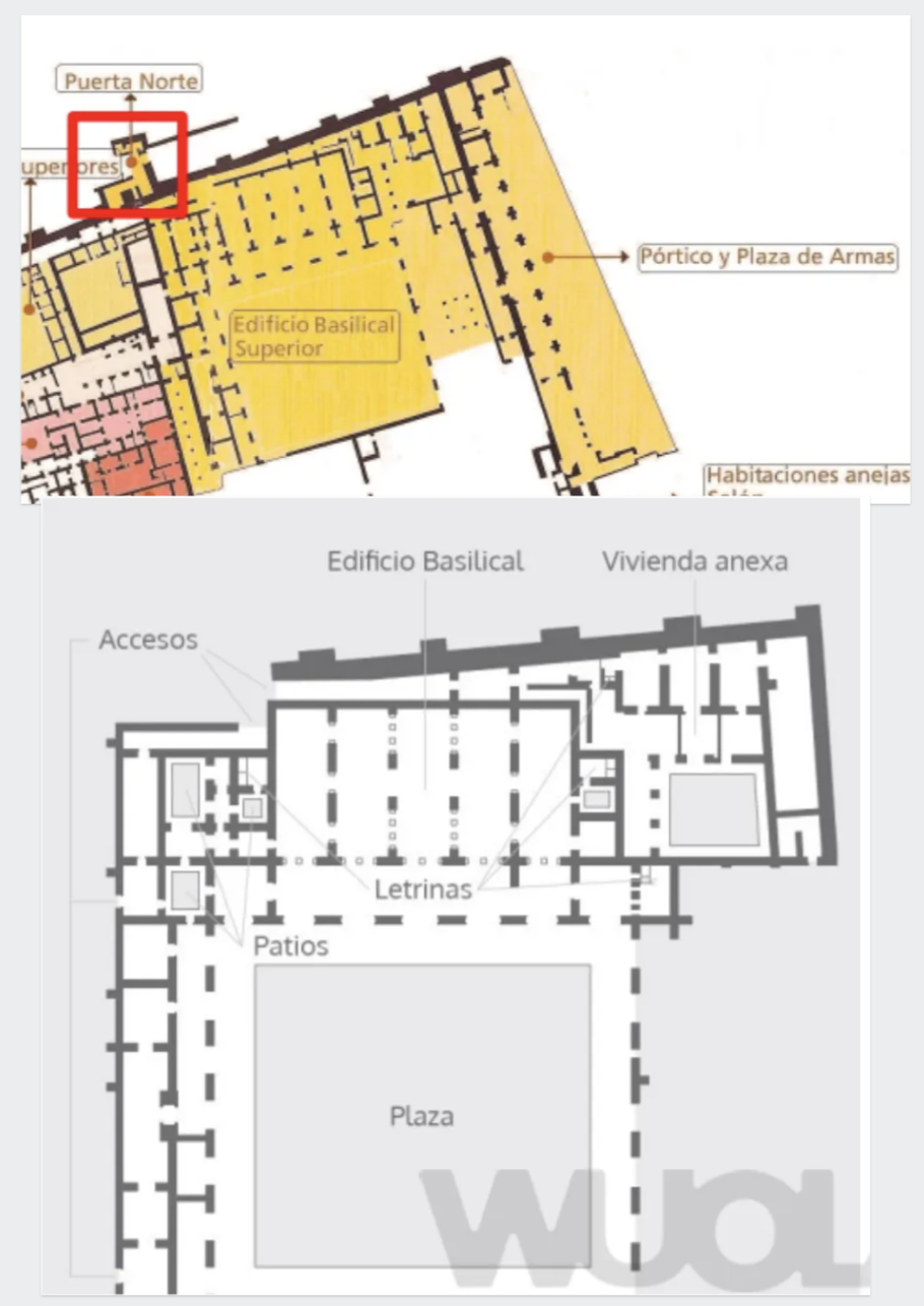 <p>- Recibe diferentes nombres porque no sabemos su uso.</p><p>- O lugar donde se encuentra la corte (visires) o parada técnica donde se organizaba la caballería o zona de espera para el acceso al salón del trono.</p><p>- Planta basilical: 5 naves paralelas y una transversal precedida por una arquería.</p><p>- Fachada de 7 arcos de herradura, quedando la nave central enfatizada.</p><p>- Muro blanco y zócalo rojo.</p><p></p>
