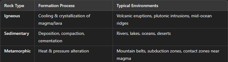 <p>Rocks are classified into three main types based on their <strong>formation processes and environments</strong>. Each rock type has distinct <strong>formation methods, environments, and lithologies</strong>.</p>