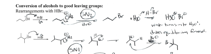 <p>Alcohol to good leaving group; if alcohol on non-primary Carbon, carbocation rearrangement</p>
