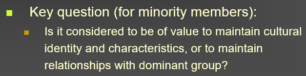 <ul><li><p>separation (cultural maintenance) vs assimilation (relationships with dominant group)</p></li></ul>