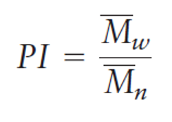 <p>the ratio of the two molecular weights</p><ul><li><p>smallest possible value is 1</p></li><li><p>it is a measure of the heterogeneity of a sample based on size</p></li></ul><p></p>