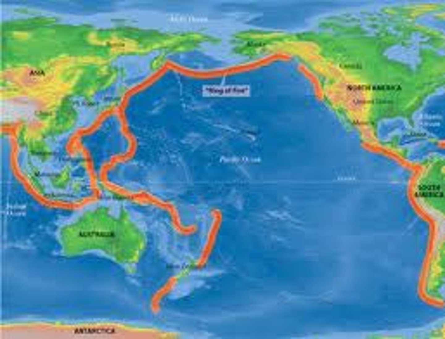 <p>- faults &amp; volcanoes</p><p>- belt of active faults/volcanoes in Pacific Ocean</p>