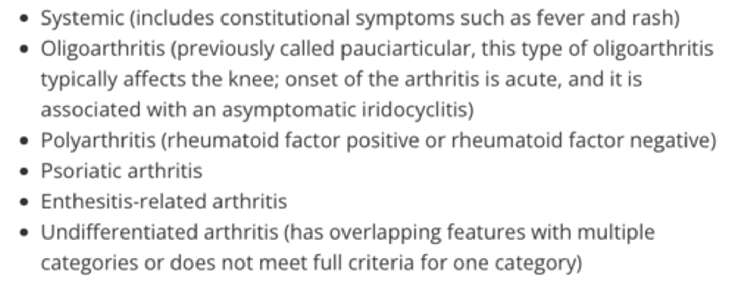 <p>- Oligoarticular > F, onset before 5y, knees and ankles are the most common joints involved</p>