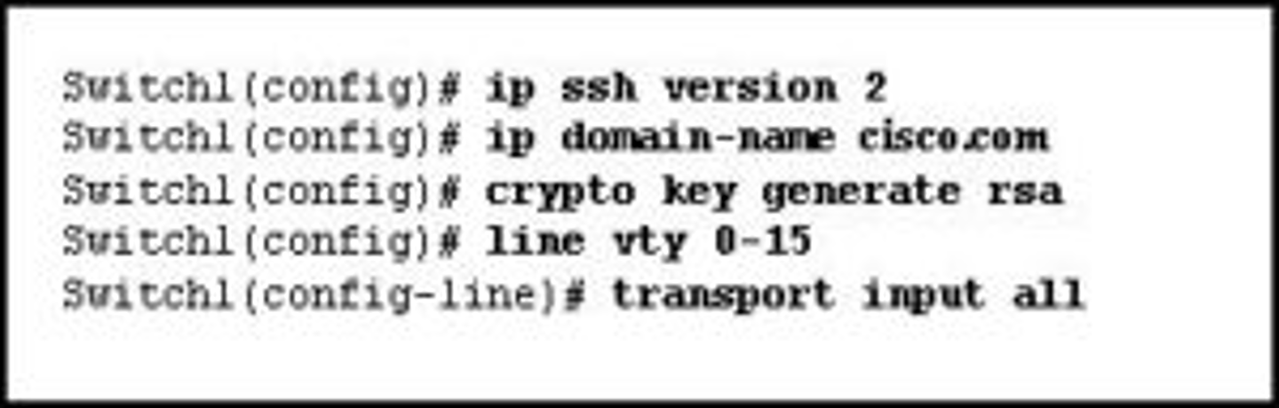 <p>Refer to the exhibit. The network administrator wants to configure Switch1 to allow SSH connections and prohibit Telnet connections. How should the network administrator change the displayed configuration to satisfy the requirement?</p><p>- Use SSH version 1.</p><p>- Reconfigure the RSA key.</p><p>- Configure SSH on a different line.</p><p>- Modify the transport input command.</p>