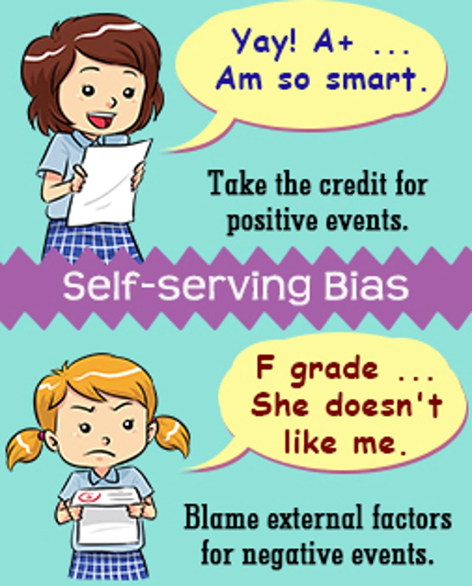 <p>Individuals often manipulate attributions to maintain a positive self-image, a phenomenon known</p><p>as self-serving biases (Miller &amp; Ross, 1975).</p>