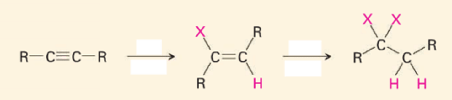 <p>alkyl halide + OH</p><p>alcohol can react again, SN1 or SN2</p><p>can rearrange if SN1</p>