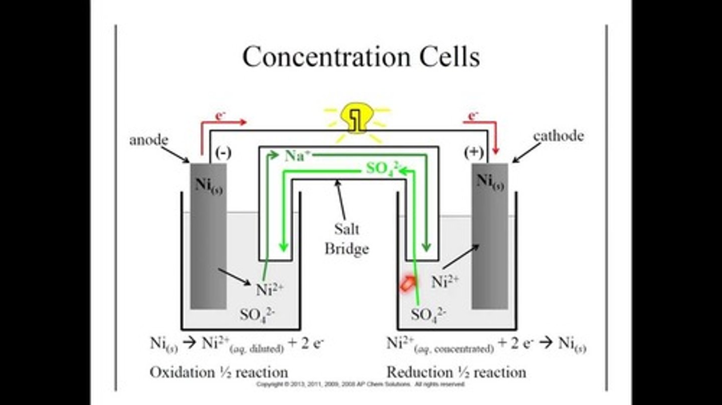 <p>- Current is generated as a function of a concentration gradient established between the two solutions surrounding the electrodes.</p><p>- Voltage is zero if the concentration is equal.</p><p>- electrons travel from less molarity to higher molarity</p>
