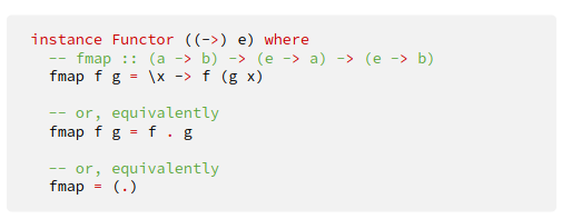 <p>← As shown in the picture </p><p>Functor instance for (-&gt;) e means: mapping a function f over another function g means composing f and g.</p><p>fmap = (.) is elegant because it’s just function composition.</p><p>This idea treats functions as “containers” of values indexed by e.</p><p>It’s foundational for thinking about computations in functional programmin</p>
