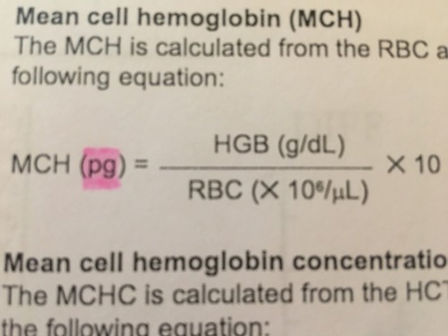 <p>(Hgb)(10) / RBC</p>