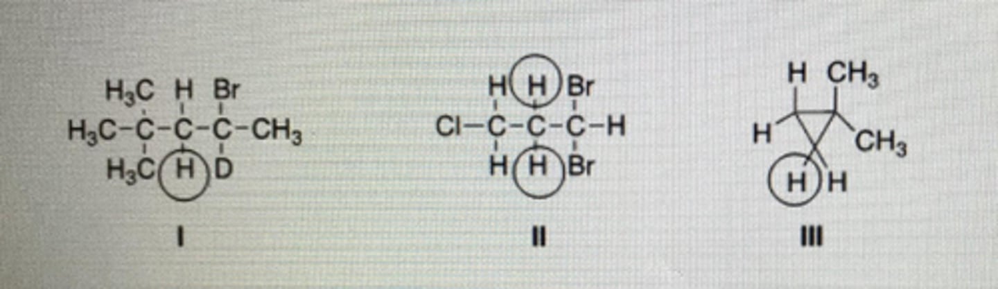 <p>How many peaks would be observed for each of the circled protons in the compounds below?</p>