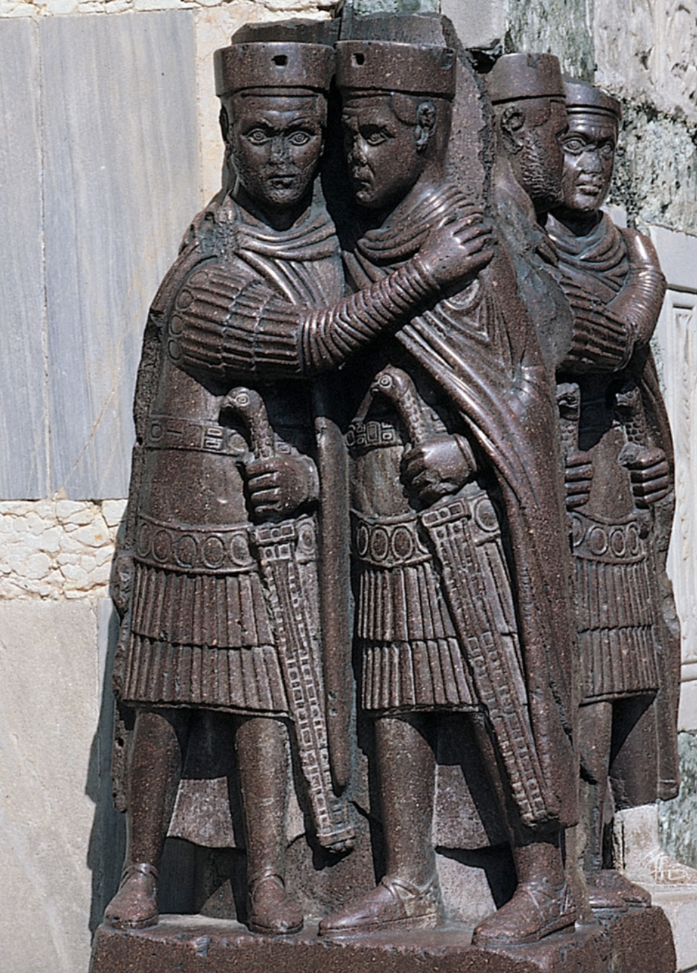 <p><span>How can we best explain the departure from traditional Roman conventions in the image of the Tetrarchs?</span></p><ul><li><p><span>The tetrarchs were originally non-Romans who brought non-Roman conventions to their art.</span></p></li><li><p><span>This image is meant to represent the institution of the Tetrarchy and not an individual emperor.</span></p></li><li><p><span>The stone material used in this sculpture is difficult to carve</span></p></li><li><p><span>The political chaos of the late Roman Empire caused the most talented artists to leave Rome.</span></p></li></ul><p></p>