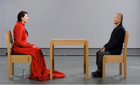 <p>Marina Abramovic - 2010</p><p>most influential work of relational aesthetics lately</p><p>performance by the artist where she would sit in the gallery wordlessly across from a participant and they would just look at it</p>