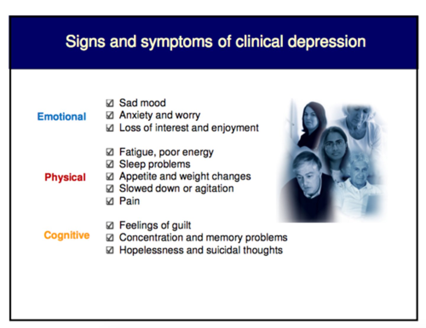 <p>A mood disorder in which a person experiences, in the absence of drugs or a medical condition, two or more weeks of significantly depressed moods, feelings of worthlessness, and diminished interest or pleasure in most activities.</p>