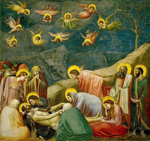 <p><span>Giotto di Bondone created this buon fresco painting entitled </span><em>The Lamentation</em><span> demonstrating his mastery of technique. What do the lines in the sky show?&nbsp;</span></p>