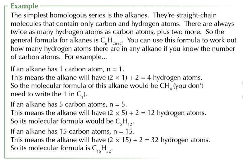 <p>a family of compounds that have the same functional group and general formula, consecutive members of a homologous series differ by -CH<sub>2</sub>- and you can predict their chemical properties</p>
