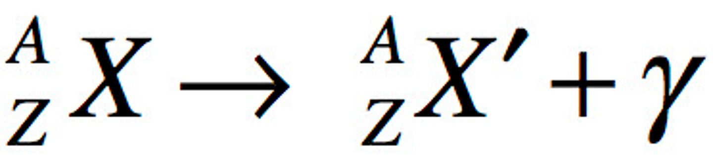 <p>emits high energy electromagnetic radiation; no change to nuclear composition</p>