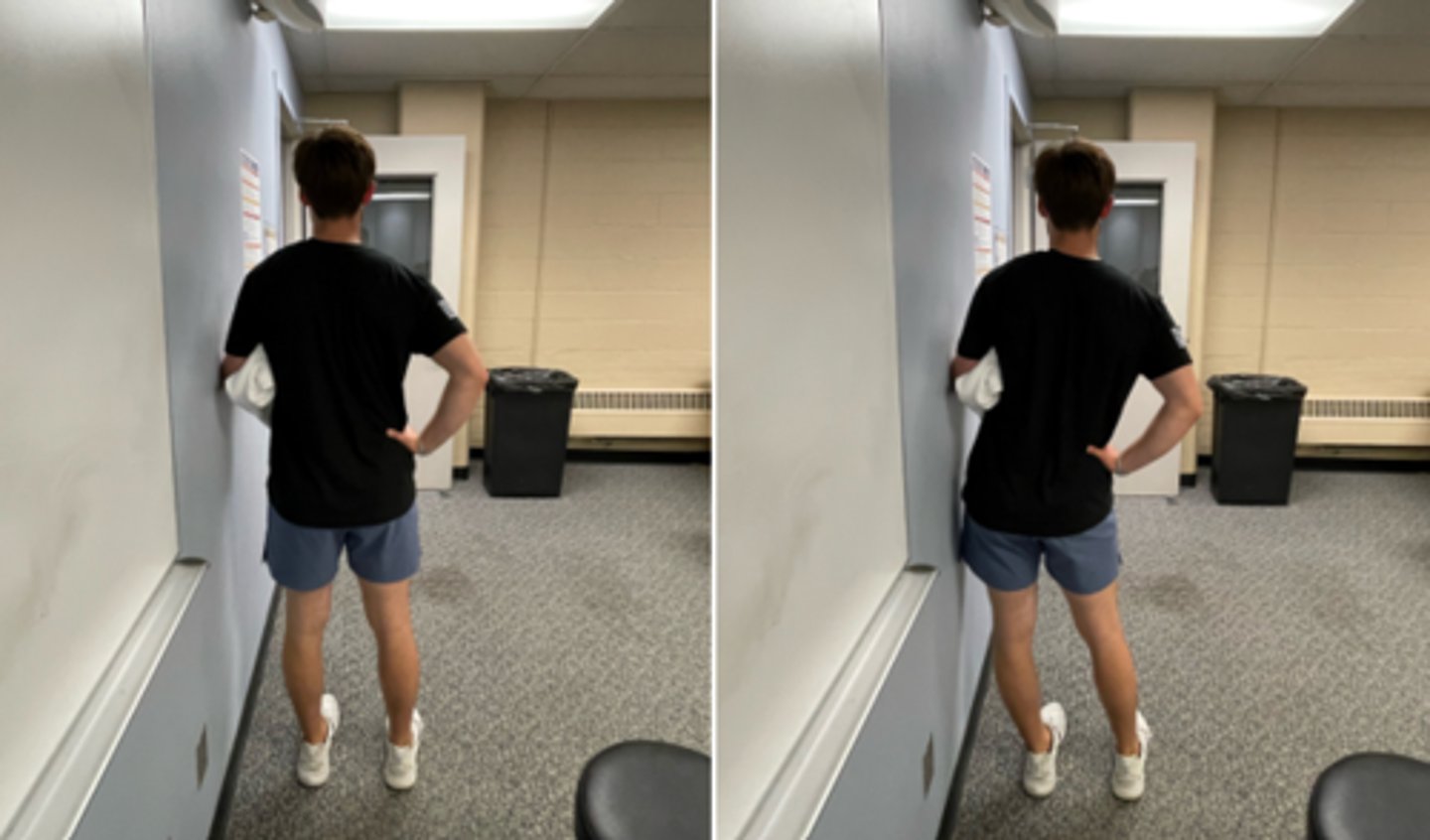 <p>extension bias</p><p>against wall, doorframe, with pillow to increase hip excursion</p><p>further away the pt leans, the more pressure from gravity</p><p>free standing, with one hand on hip, other on rib cage</p>