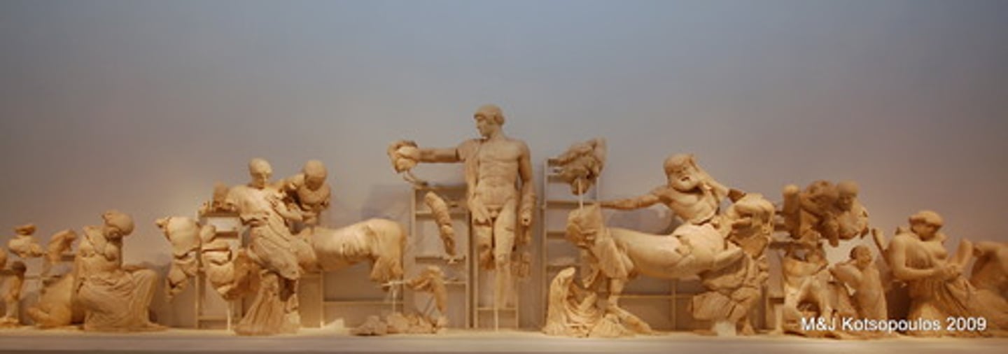 <p>date: 460 BC</p><p>material: marble</p><p>narrative: centauromachy with apollo in the middle</p>