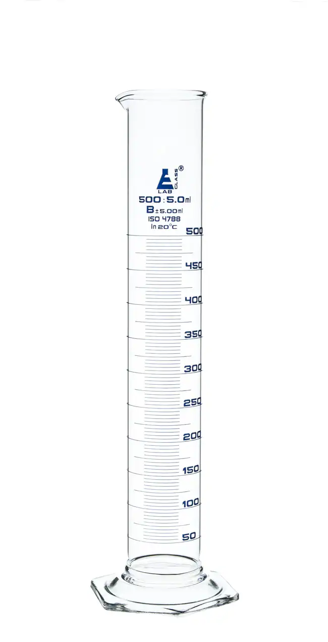 <p>A graduated cylinder is a cylindrical glass or plastic container used in laboratories to measure the volume of liquids with high accuracy. It typically has a narrow, vertical shape with a uniform diameter and is marked with calibrated graduations along its length. The graduations allow for precise measurement of the liquid&apos;s volume, usually in milliliters (mL) or cubic centimeters (cm³). The cylinder may also have a safety ring near the top to prevent spills and provide stability during handling.</p>