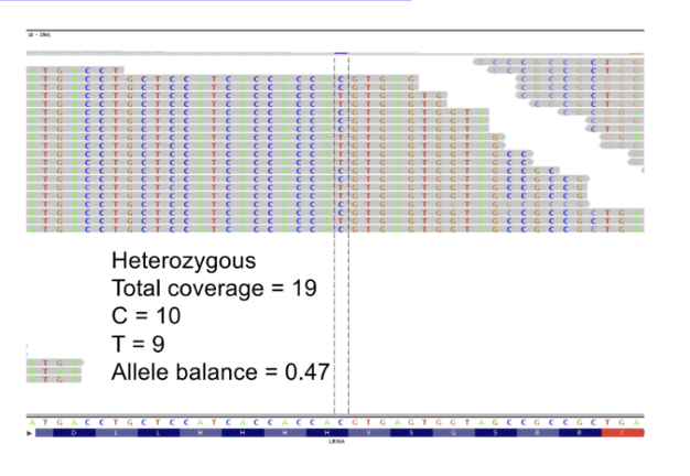<ul><li><p>if a sample was completely pure, variants are detectable at low coverage (don’t have to cover genome very deeply)</p><ul><li><p>every read at a variant site comes from a cell that actually has the mutation</p></li><li><p>even a low number of sequencing reads can reliably detect the variant</p></li></ul></li><li><p>variant allele fraction is higher in pure samples: heterozygous mutation → 50% of reads show the variant; homozygous mutation →100% of reads show the variant</p><ul><li><p>in mixed samples (tumor+normal), normal cells dilute the signal and the variant allele fraction drops → requires higher coverage to confidently detect variants</p></li></ul></li></ul><p></p>
