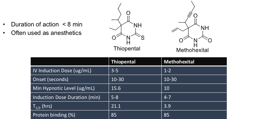 <ul><li><p>thiopental</p></li><li><p>methohexital</p></li></ul><p></p>