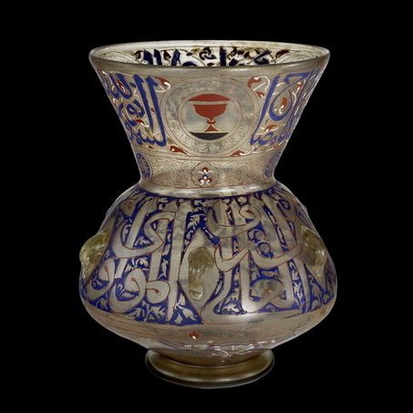 Mamluk Glass Oil Lamp
Location:corning:museum of glass
If in situ:
Place where it was constructed: syria or egypt
Dynasty: mamluk
Patron:
Artist:
Date: 1355