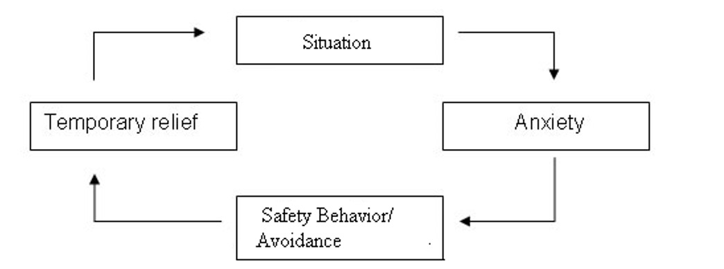 <ul><li><p>triggers —&gt; thought/interpretations —&gt; elevated anxiety —&gt; behaviors (avoid, safety behavior, distract, ruminate) —&gt; short term reduced anxiety but prolonged and worsened anxiety in long term&nbsp;</p></li></ul><p>Anxiety is maintained by safety behaviors/avoidance</p>