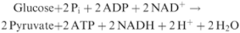 <p>Glucose + 2 ADP + 2 NAD+ + 2Pi -&gt; 2 pyruvate + 2NADH + 2H+ + 2ATP + 2H2O</p>