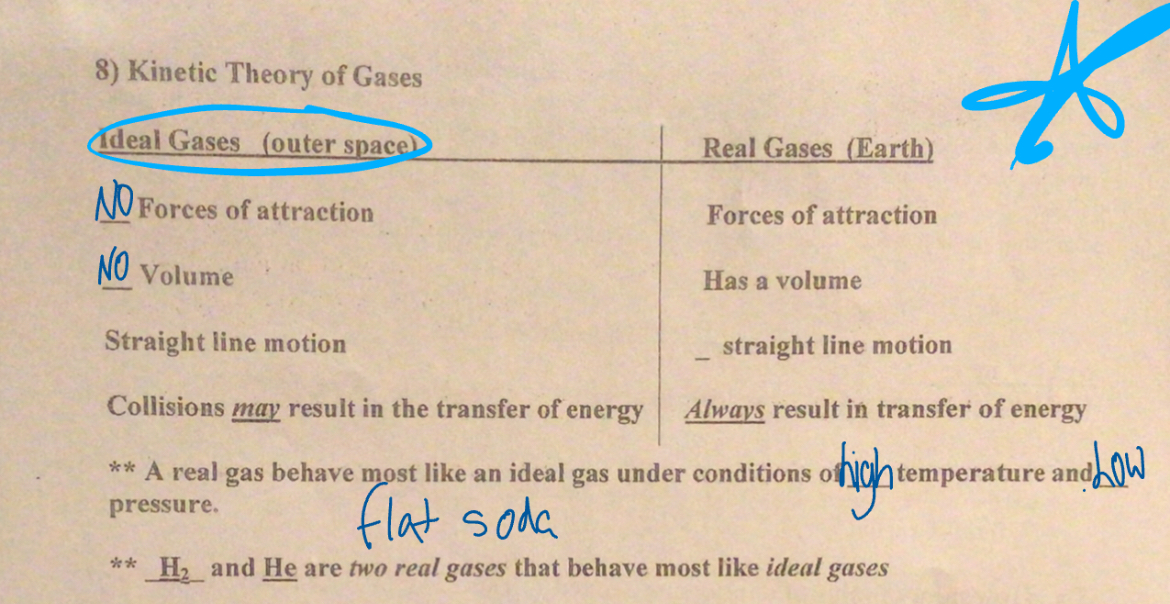 <p><strong> a real gas behaves most like an ideal gas under high temperature and low pressure</strong> ex: flat soda</p>