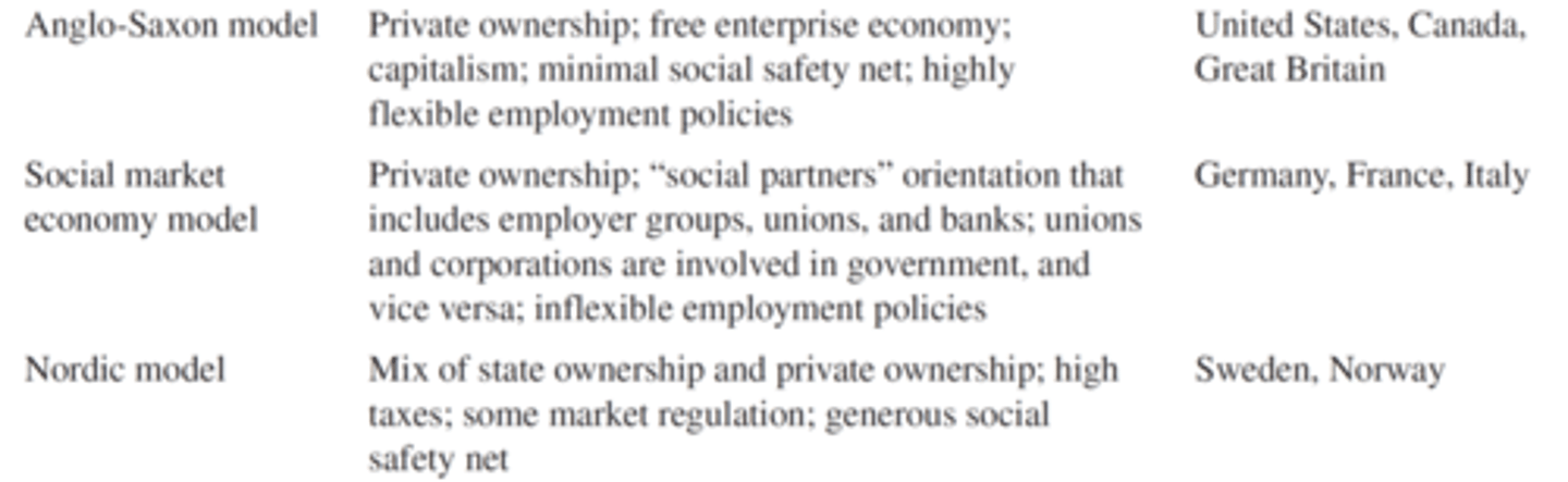 <p>Western Market Systems<br>-Anglo-Saxon Model<br>-Social Market Economy Model<br>-Nordic Model</p>