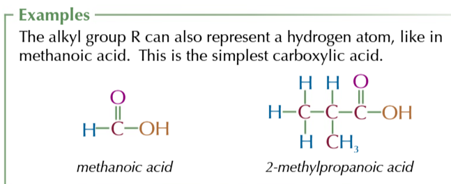 <ul><li><p>functional group COOH</p></li><li><p>suffix: -OIC ACID</p></li><li><p>general formula R-COOH</p></li></ul><p></p>