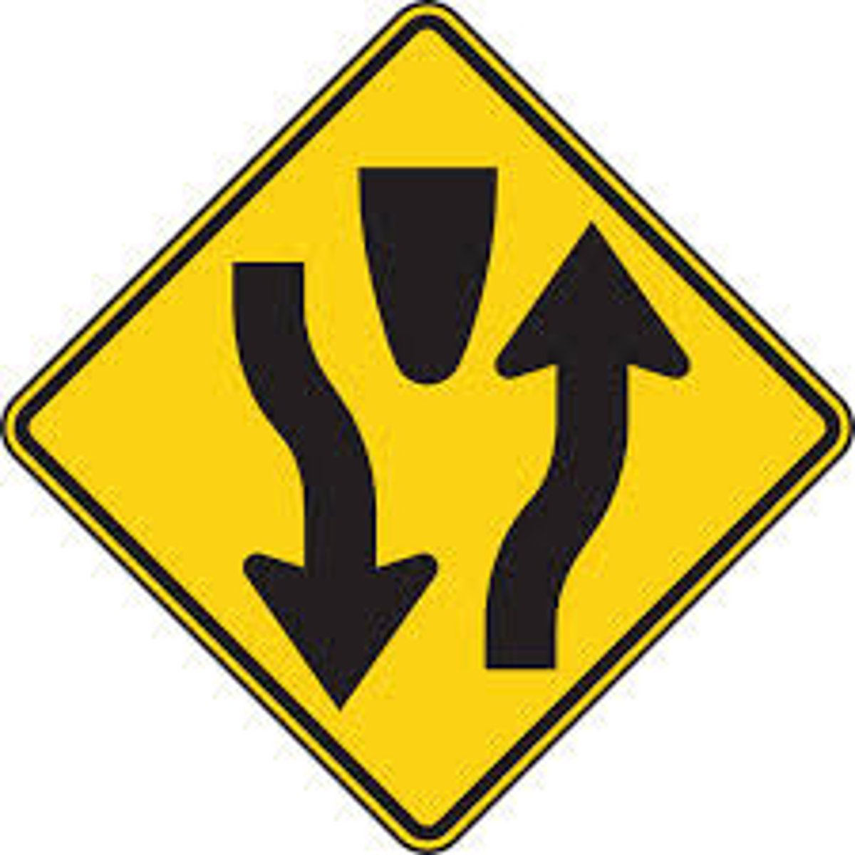 <p>The highway ahead is split into two separate roadways by a median or divider and each roadway is one-way. Keep to the right.</p>