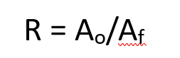 <p>R is the extrusion ratio</p><p class="MsoNormal">A<sub>o</sub> is the initial cross sectional area of the billet</p><p class="MsoNormal">A<sub>f </sub>is the final cross sectional area of the extrusion</p>