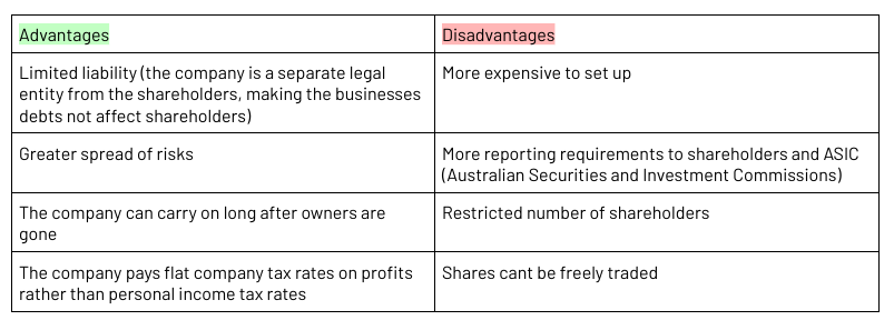 <ul><li><p><span>A company with 1-50 non-employee shareholders</span></p></li></ul><ul><li><p><span>Incorporated business (the company is a separate legal entity from the shareholders, making the businesses debts not affect shareholders)</span></p></li><li><p><span>A private limited company will have the letters Pty Ltd after their name&nbsp; (Proprietary Limited)</span></p></li></ul><p></p>