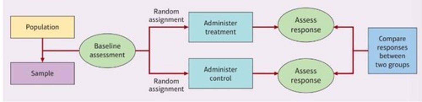 <p>Independent variable (manipulated factor), dependent variable (outcome studied), random assignment (equal chance for participants), double-blind study (neither researchers nor participants know group assignments), placebo treatment (ineffective treatment to control for belief effects).</p>