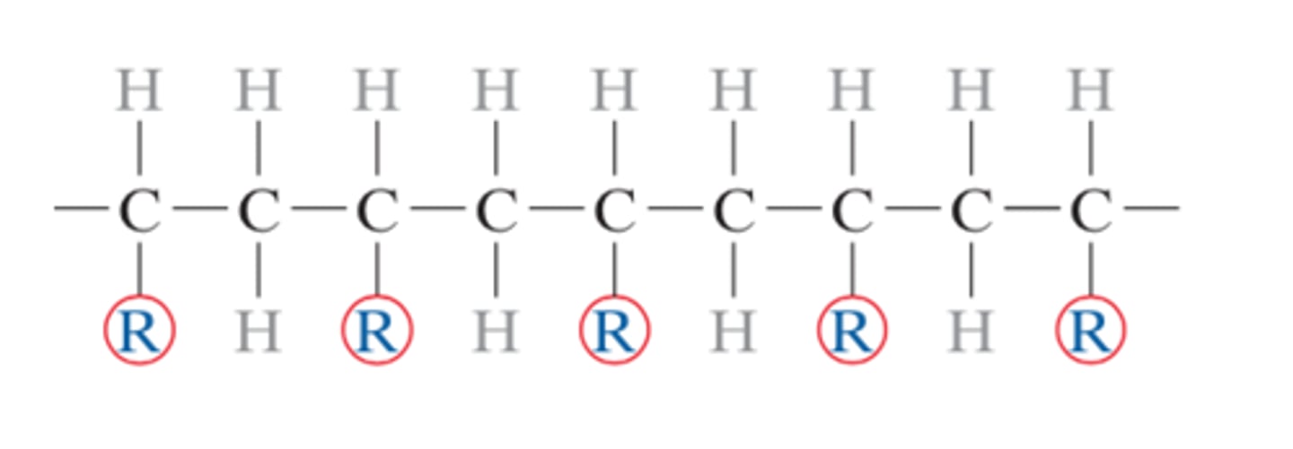 <p>a type of polymer chain configuration (stereoisomer) wherein all side groups are positioned on the same side of the chain molecule</p>