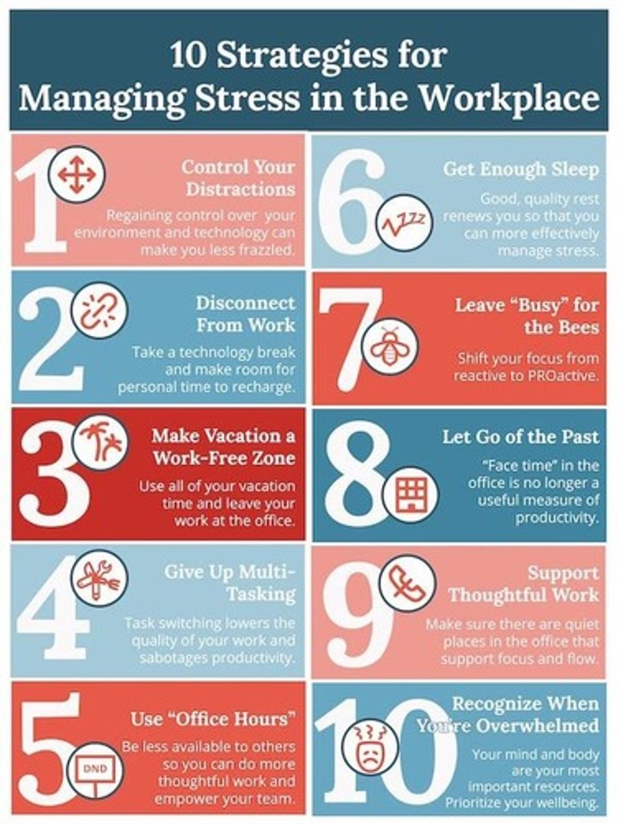 <p>Develop time management skills, set boundaries and prioritize self-care, seek social support and stress relief activities.</p>